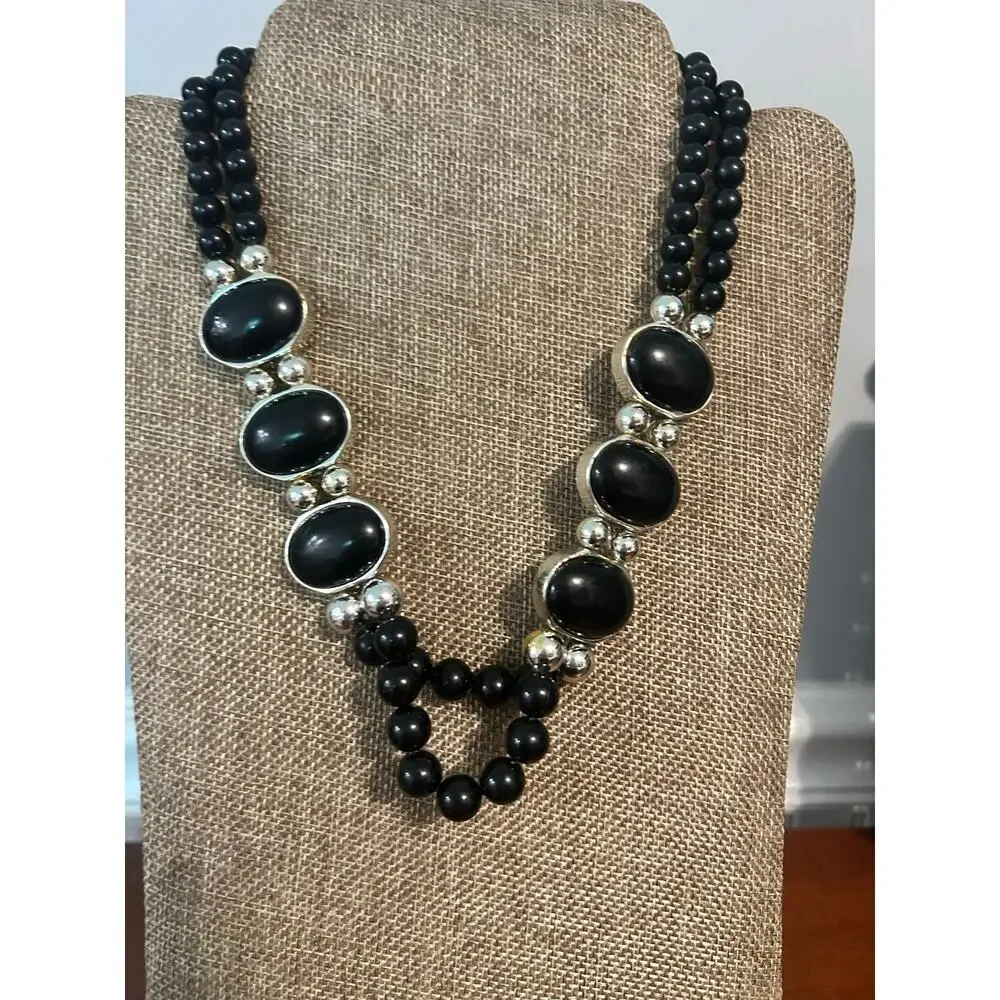 Vintage 90s Dual Strand Black Silver Bead Necklace Graduated Choker 18 Inch